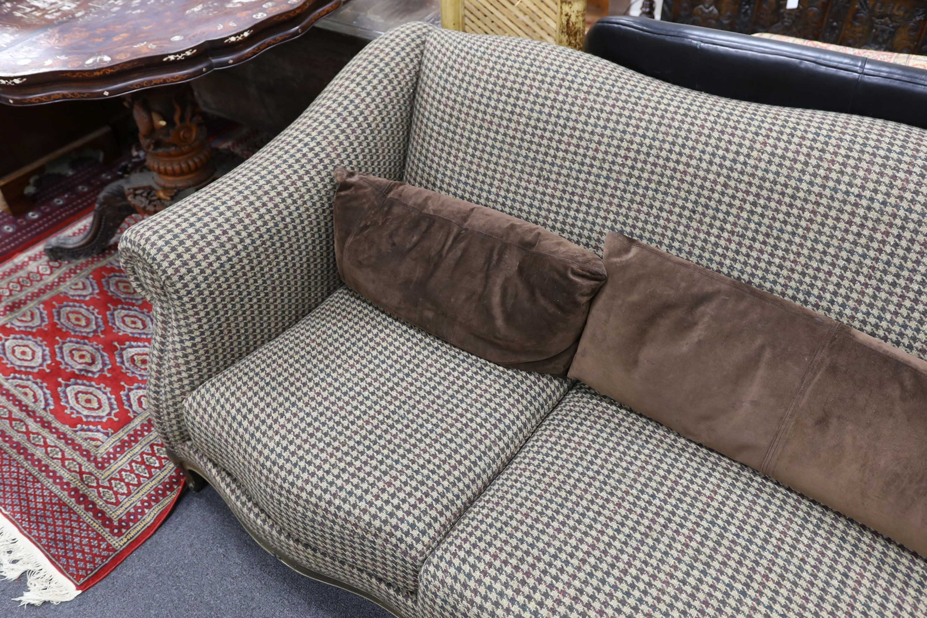 A large Louis XV style scroll arm sofa upholstered in a tweed type fabric, length 240cm, depth 96cm, height 82cm